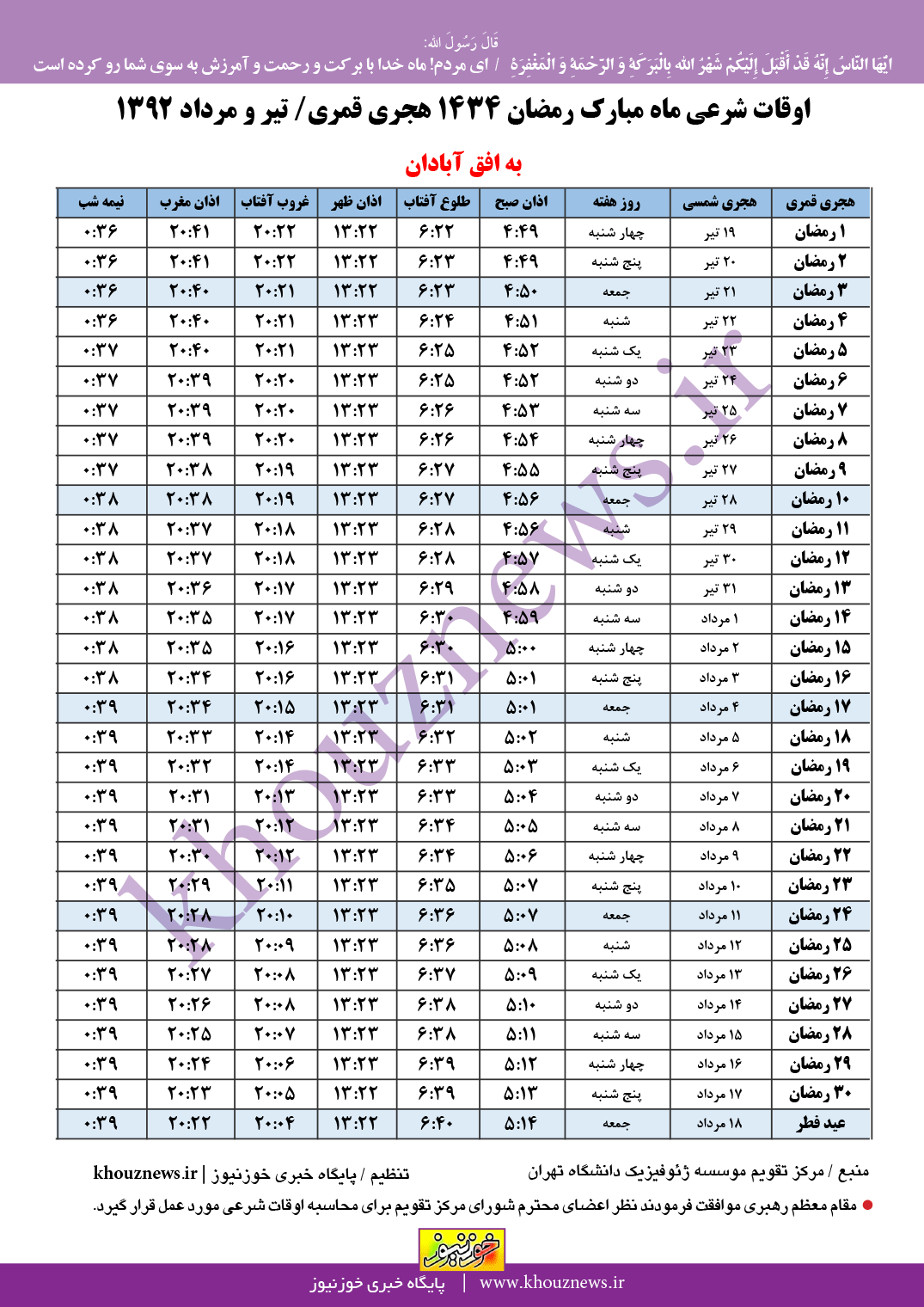 اوقات شرعی ماه رمضان 1434/  1392 به افق شهرستان آبادان (آبادان، اروندکنار، چونبده و قفاص)